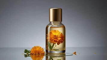 A bottle of orange flower oil with a flower on it photo