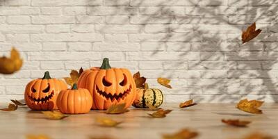 Autumn Halloween Display with Jack-O-Lanterns and Leaves 3D Render photo