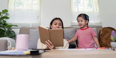Mother Reading to Daughter to Enhance Language Skills at Home photo