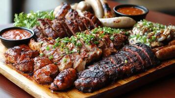 sizzling mixed barbecue platter featuring grilled meats, sausages, and garnishes, perfect for meat lovers. vibrant colors and variety create appetizing display photo