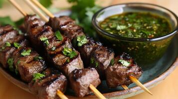 Grilled beef skewers served with spicy green sauce create mouthwatering dish. tender meat is garnished with fresh herbs, enhancing its flavor and appeal photo