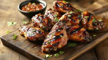 Delicious grilled chicken wings marinated in sweet and savory sauce, garnished with fresh herbs, served on wooden platter with side of dipping sauce photo