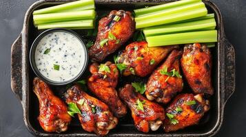 Delicious grilled chicken wings served with fresh celery sticks and creamy dipping sauce, perfect for gatherings or game day. Enjoy savory flavors and crispy texture photo