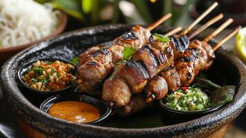 Delight in sizzling plate featuring grilled pork skewers, perfectly charred and served with vibrant dipping sauces and fresh herbs. feast for senses photo