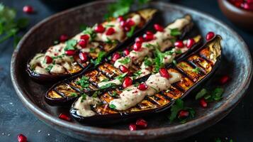 Grilled eggplant slices drizzled with tahini, garnished with pomegranate seeds and fresh herbs create vibrant and flavorful dish. This presentation is perfect for healthy meal photo