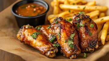 Delicious grilled chicken wings tossed in honey garlic sauce, served with crispy fries and savory dipping sauce. perfect meal for any occasion photo
