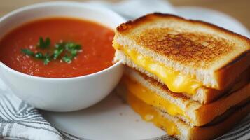 Delicious grilled cheese sandwiches with crispy edges served alongside warm bowl of tomato soup, creating comforting and satisfying meal perfect for any time of day photo