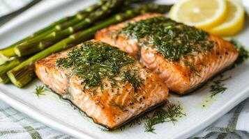 Grilled salmon fillets garnished with fresh dill and served with asparagus and lemon slices create delicious and healthy meal. vibrant colors and textures evoke sense of freshness and culinary photo