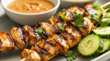 Grilled chicken satay skewers served with peanut sauce and fresh cucumber slices create delicious and vibrant dish. combination of flavors and textures is sure to delight any palate photo