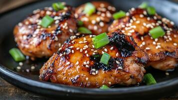 Grilled chicken thighs marinated in teriyaki sauce, garnished with sesame seeds and green onions, create delicious and visually appealing dish. rich flavors and vibrant colors make it perfect meal photo