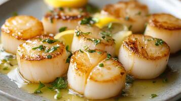 Grilled scallops served with lemon butter sauce, garnished with fresh herbs, create delightful and savory dish. golden brown sear enhances flavor, making it perfect seafood treat photo
