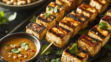 Grilled tofu skewers served with rich peanut dipping sauce create delightful and savory dish. Perfect for plant based diets, these skewers are both flavorful and satisfying photo
