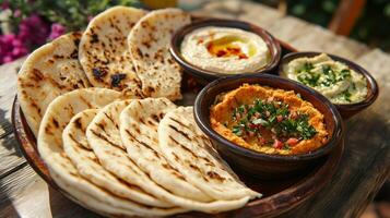 Delicious grilled pita bread served with variety of dips including hummus and spicy dip, perfect for sharing and enjoying with friends photo
