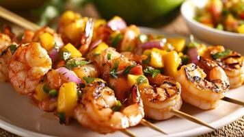 Grilled shrimp skewers served with spicy mango salsa create vibrant and flavorful dish. combination of succulent shrimp and fresh mango adds delightful touch to any meal photo