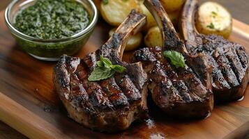 Grilled lamb chops served with mint sauce and roasted potatoes create delicious and savory meal. rich flavors and appealing presentation make it perfect for any occasion photo