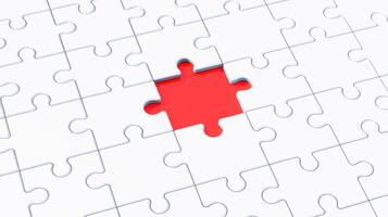 blank white jigsaw puzzle with one final missing piece showing empty red background underneath photo
