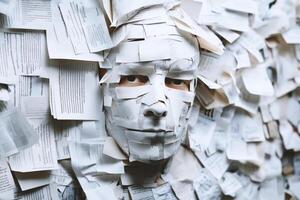 Surreal face emerging from paper background made of book pages, Businessman with his face covered with documents symbolizing bureaucracy photo