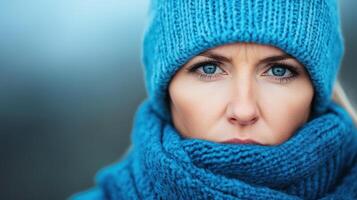 close-up portrait of woman wearing blue scarf and wool cap in winter photo