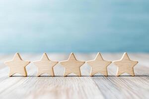5 star rating with row of five wooden stars and copy space photo