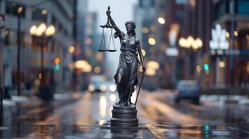 Lady justice or Justitia statue on city street as symbol for traffic law photo