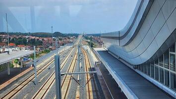 a view of a train track from an elevated platform photo
