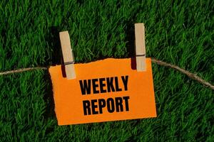 Weekly report message written on ripped torn orange paper piece with green grass background. Conceptual weekly report symbol. Copy space. photo