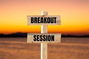 Breakout session message written on wooden sign with blurry lake background. Conceptual breakout session symbol. Copy space. photo