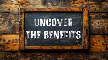 Uncover the benefits message written on chalkboard with wooden background photo