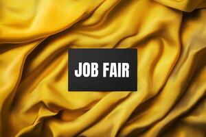 Job fair message written on black card with yellow fabric background photo