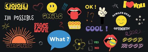 Colorful groovy stickers pack design. Pop Art smile patches. Trendy Y2K emoji elements. Words, emojis, and symbols with positive expressions on a dark background vector