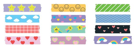 Set of colorful decorative washi tapes with cute patterns including stars, clouds, hearts, stripes, and rainbows. Colourful scrapbook stripes, sticky label tags and decorative scotch strip. vector