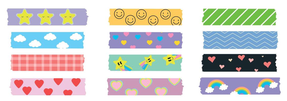 Set of colorful decorative washi tapes with cute patterns including stars, clouds, hearts, stripes, and rainbows. Colourful scrapbook stripes, sticky label tags and decorative scotch strip.