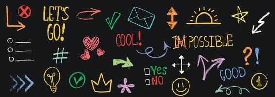 Colorful chalk style doodles, motivational words, and symbols with playful designs on a dark background. Scribble pastel texture brush stroke kid square, spiral, arrow element hand drawn sketch design vector