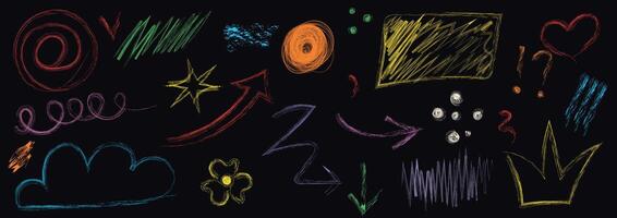 Colorful chalk style doodles with playful designs on a dark background. Scribble pastel texture brush stroke kid square, spiral, arrow element hand drawn sketch design vector
