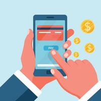 EPS10 A hand holding a phone for contactless payment, as coins softly fall around, blending digital and traditional currency. vector