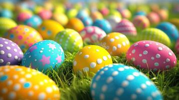 Many bright Easter eggs on the grass. Egg hunt. Background for Easter. Banner for May 5th. photo