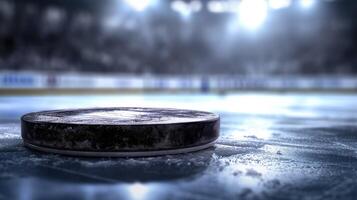 Puck on ice. Stadium for playing hockey. Copy space. Macro photography. Horizontal format. photo