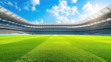 The football stadium is empty during the day. Clean grass, no markings. Copy space. Horizontal format. photo