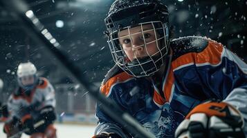A child plays hockey. A boy learns to play a winter sport on ice. Copy space. Horizontal format. photo