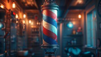 A barber pole with a red, white and blue striped pole photo