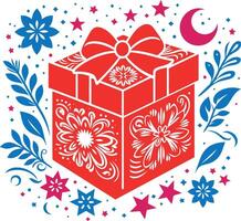 decorative gift box with floral design with moon star and leaf vector
