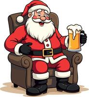 Merry Christmas Funny Santa Claus sitting on the sofa with a beer mug illustration isolated on white background vector