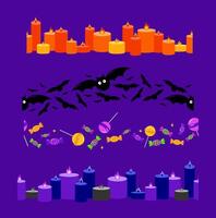 Cartoon set of Halloween illustrations seamless borders patterns. Bats. Candles, candy, lollipops. . Good for design materials such as frames, decorative borders, backgrounds, etc. vector