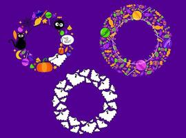 Happy Halloween template frame set collection or party invitation background. ghost, candy, lollipops, pumpkin round circle frames in cartoon style. . Place text in frame vector