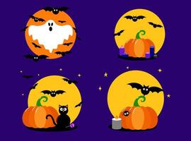 Set of moon compositions illustrations with pumpkins, candles, bats, ghost and black cat. Halloween background, sticker, poster, flat style postcard. vector