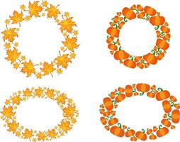 Autumn colorful leaves, pumpkin round circle and oval frame template set. Cartoon illustration for Halloween or Thanksgiving holiday cards, greeting, invitation. Space for text. vector