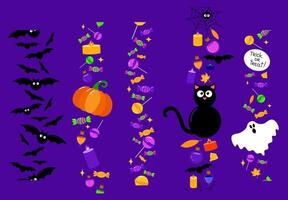 Halloween borders set vertical in cartoon style. Seamless pattern borders. Bats, candy, lollipops, pumpkin, black cat, ghost and candles on dark purple background vector