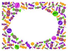 Oval template frame in rectangle for the text. round frame made of sweets and candies and lollipops . card for the happy sweetest day and Halloween. illustration vector