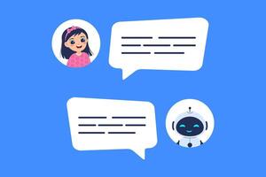 Chatbot concept featuring conversation between human and robot on blue background. illustration for AI communication, customer service designs and digital assistant projects vector