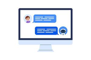Chatbot concept featuring conversation between human and robot on monitor screen. illustration for AI communication, customer service designs and digital assistant projects vector